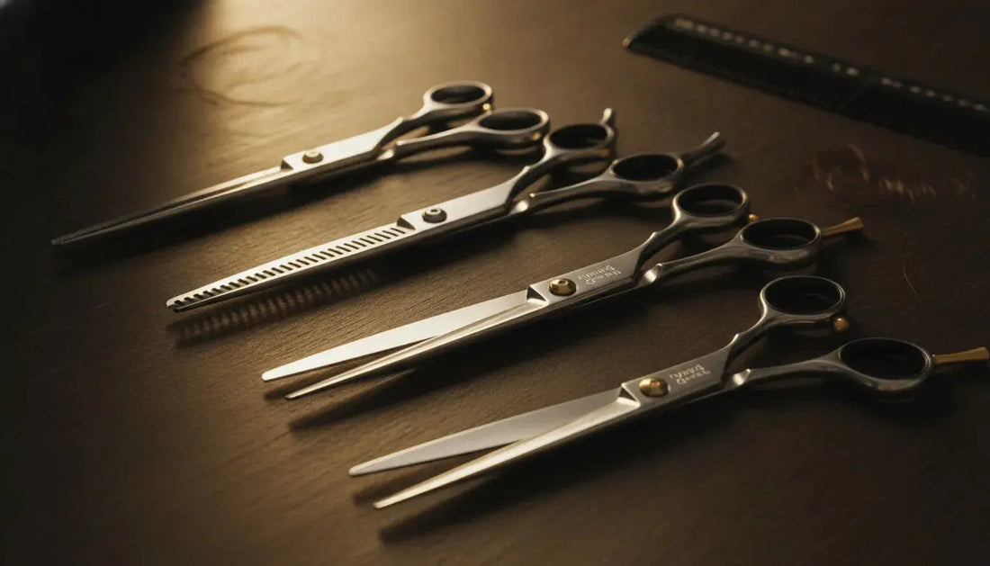Professional barber shears displayed on a dark wooden workspace