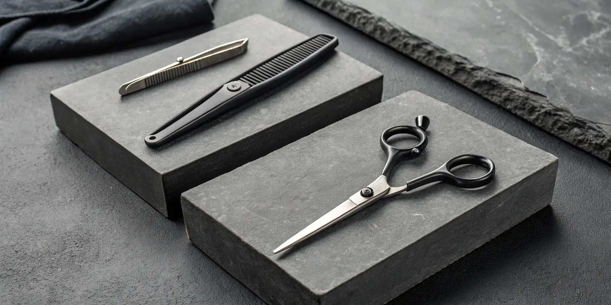 A set of professional barber shears, thinning shears, and a razor for a guide on how to choose them.