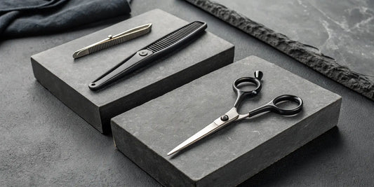 A set of professional barber shears, thinning shears, and a razor for a guide on how to choose them.
