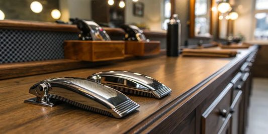 A professional hair clipper with a set of magnetic clipper guards on a wooden surface.