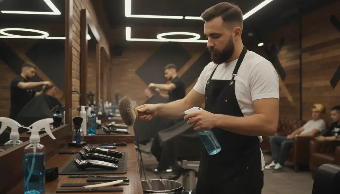 Barber sanitizing and cleaning a neck duster brush at the station in a professional barbershop