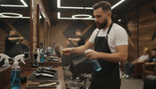 Barber sanitizing and cleaning a neck duster brush at the station in a professional barbershop