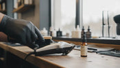Professional barber cleaning Wahl clippers on a workbench with brush and oil