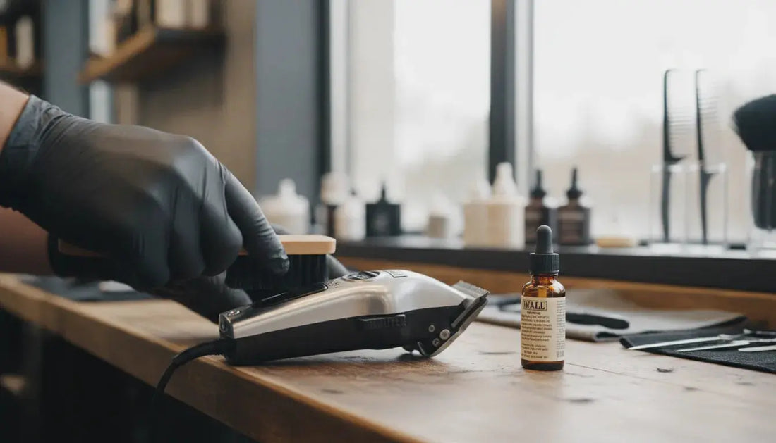 Professional barber cleaning Wahl clippers on a workbench with brush and oil