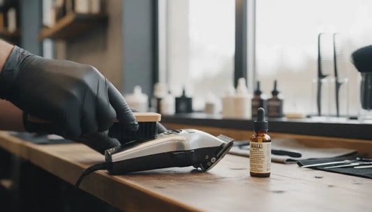 Professional barber cleaning Wahl clippers on a workbench with brush and oil