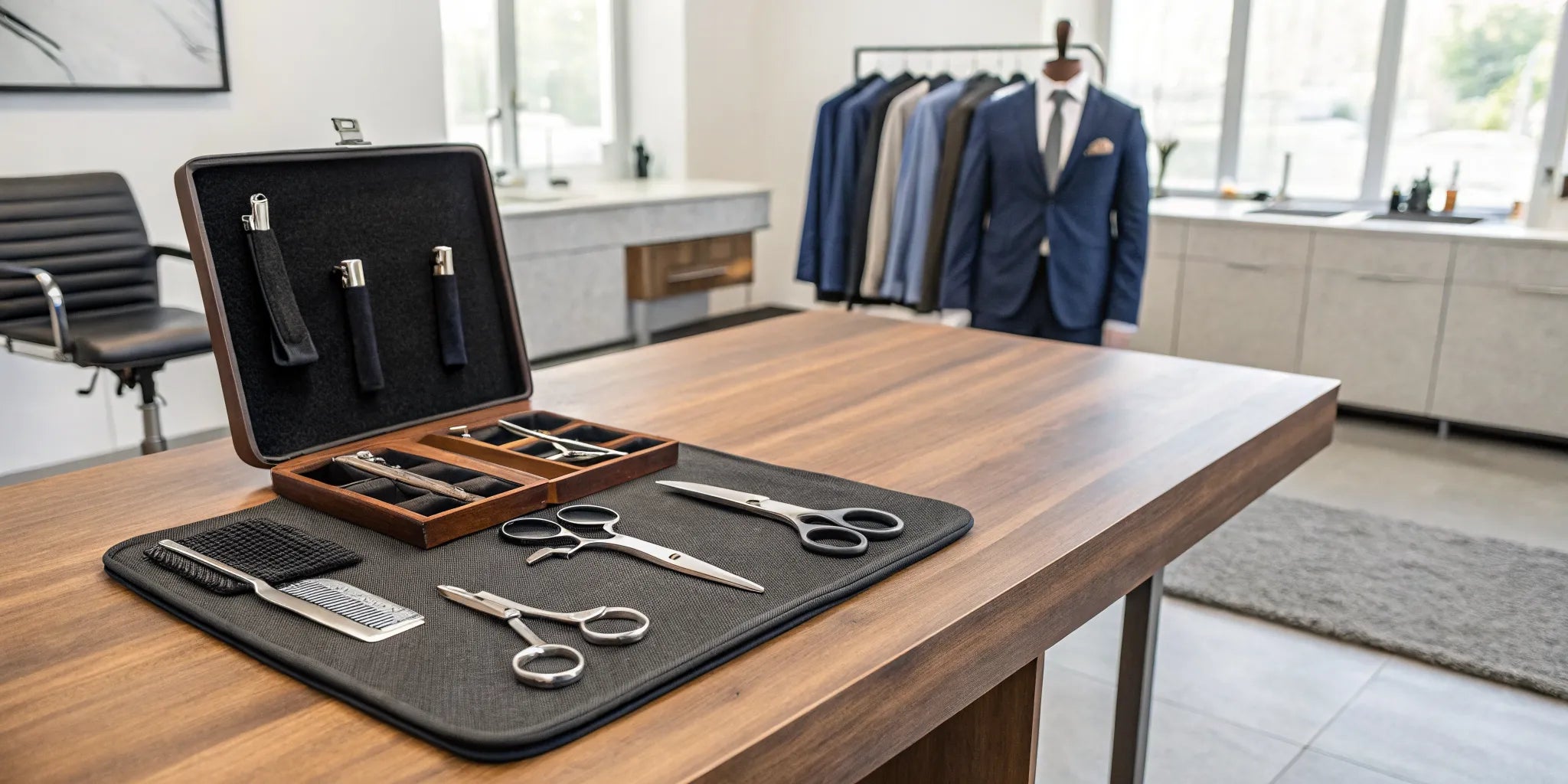A barber's station stocked with professional supplies from a distributor.
