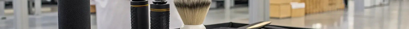 Wholesale barber supplies and tools on shelves at a professional distributor.
