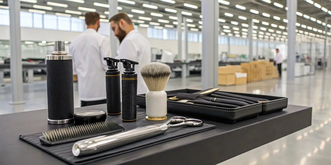 Wholesale barber supplies and tools on shelves at a professional distributor.