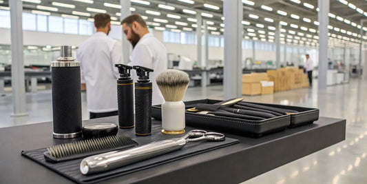 Wholesale barber supplies and tools on shelves at a professional distributor.