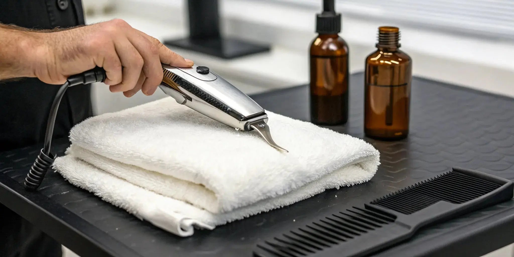 Barber maintaining professional clippers with oil, brushes, and cleaning spray on a workstation.