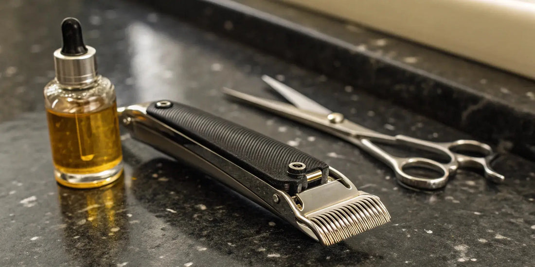 A person carefully oils the blades of a pair of professional barber clippers.
