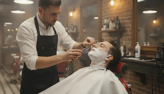 Professional barber preparing a razor for a clean shave on a client in a barbershop