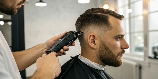 A barber demonstrates how to use magnetic clipper guards for a fade.