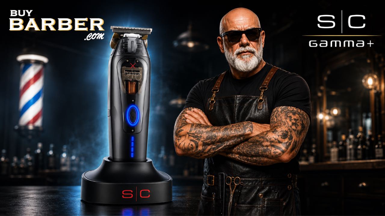 StyleCraft cordless trimmer with blue LED lights on its charging stand beside The Barber Company barber character, with BuyBarber.com and StyleCraft Gamma+ branding in a professional barbershop setting.