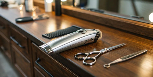 A professional barber's JRL clippers with scissors and a comb on a counter.