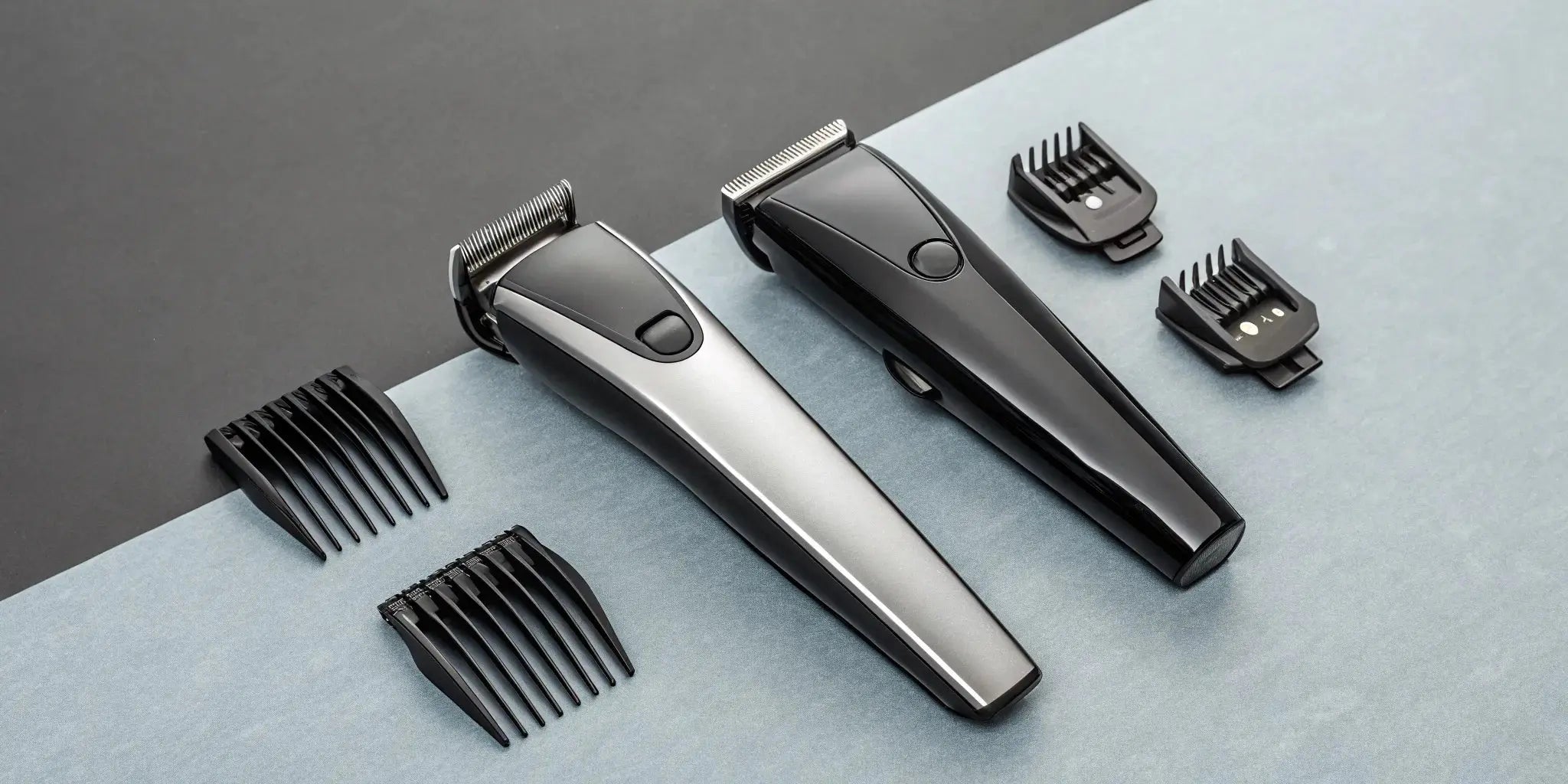 Magnetic and plastic clipper guards compared side-by-side next to a hair clipper.