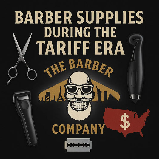 Stylized black-and-gold banner with The Barber Company skull logo, Las Vegas skyline silhouettes, and the headline “Barber Supplies During the Tariff Era.”