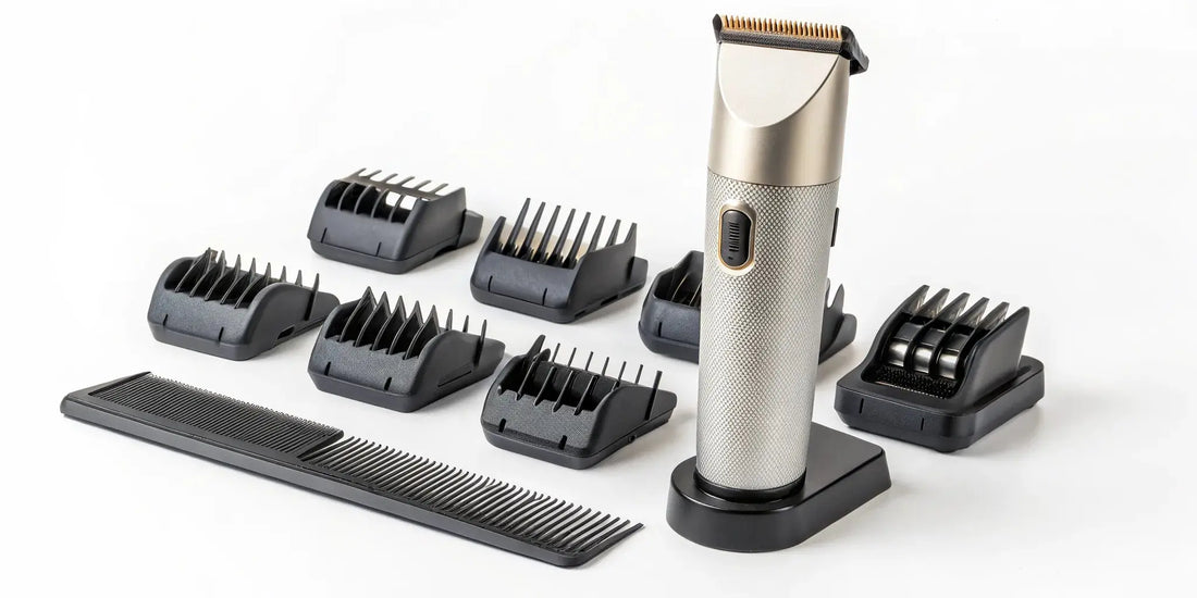 A pair of modular clippers laid out with a selection of interchangeable parts.
