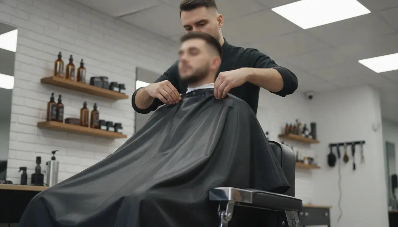 Professional barber adjusting a cutting cape over a client in a modern barbershop