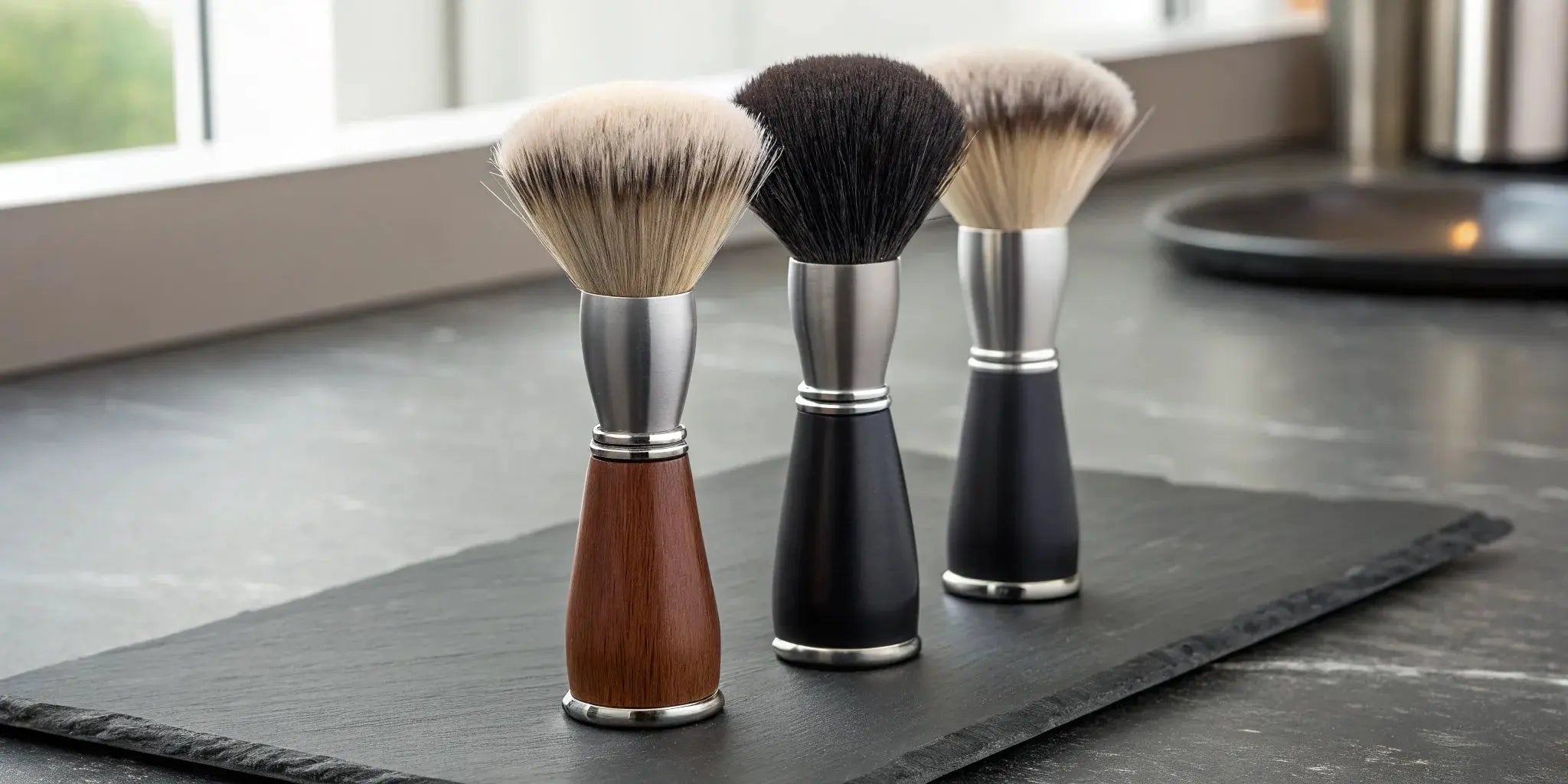 Three professional neck dusters with different bristle types and handles.
