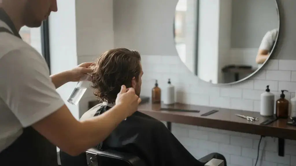 Barber scrunching damp men's hair after applying sea salt spray for natural texture