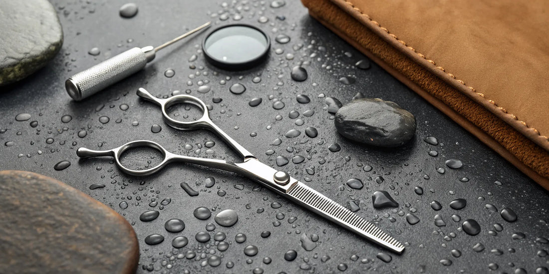 Professional shear sharpening for barbers using a whetstone.
