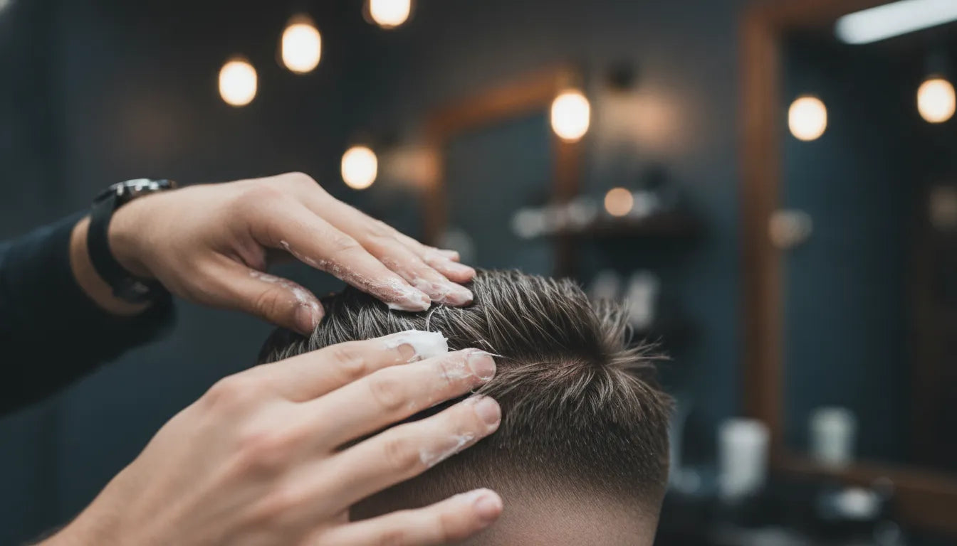 Barber working a strong-hold matte hair paste through a client's textured short fade for a dry natural finish