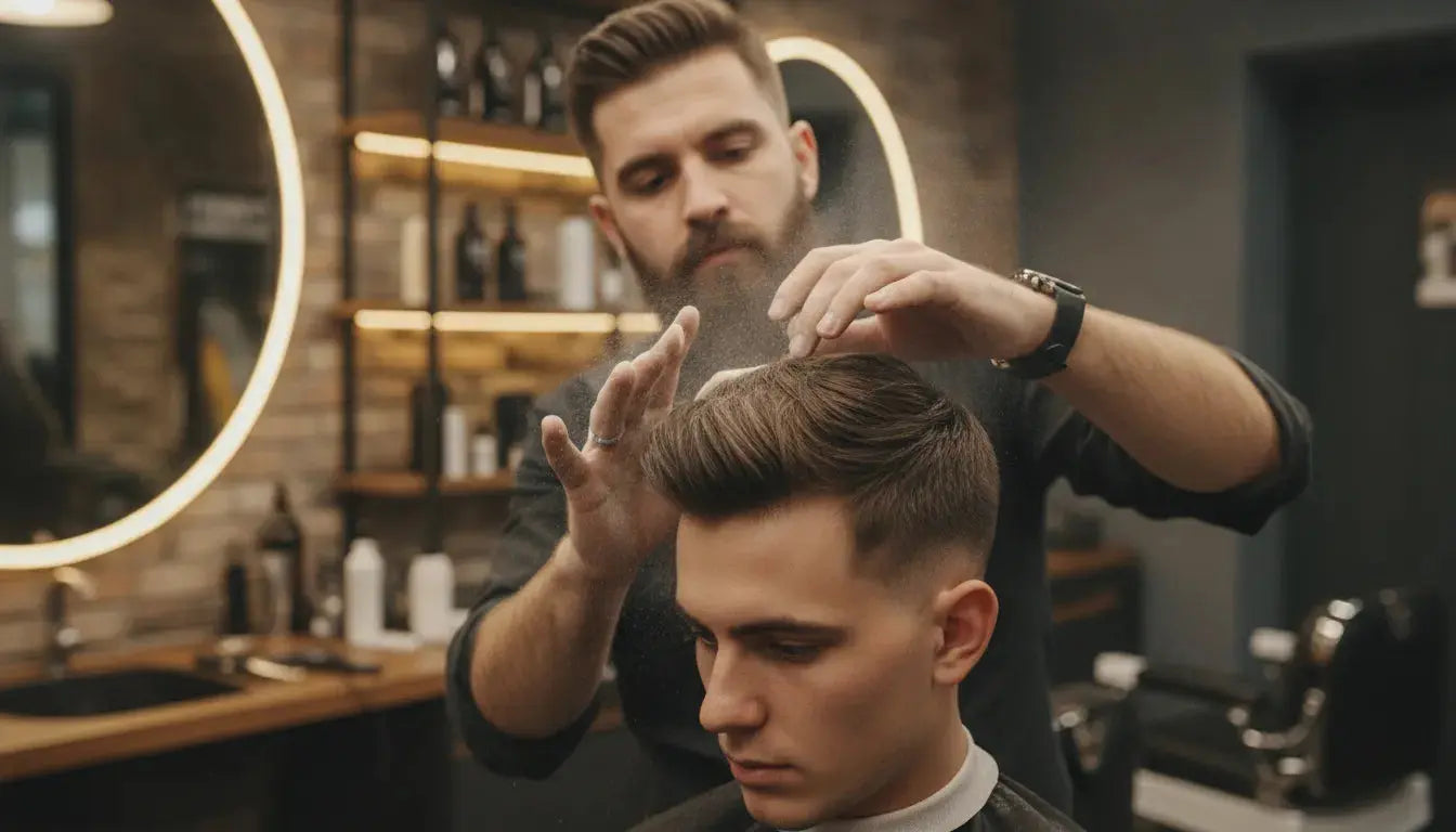 Barber applying texturizing powder vs volumizing powder to add texture and volume to a client's styled hair