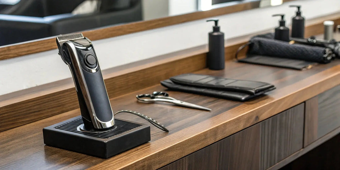 Professional beard trimmer in a charging stand on a barber's counter.