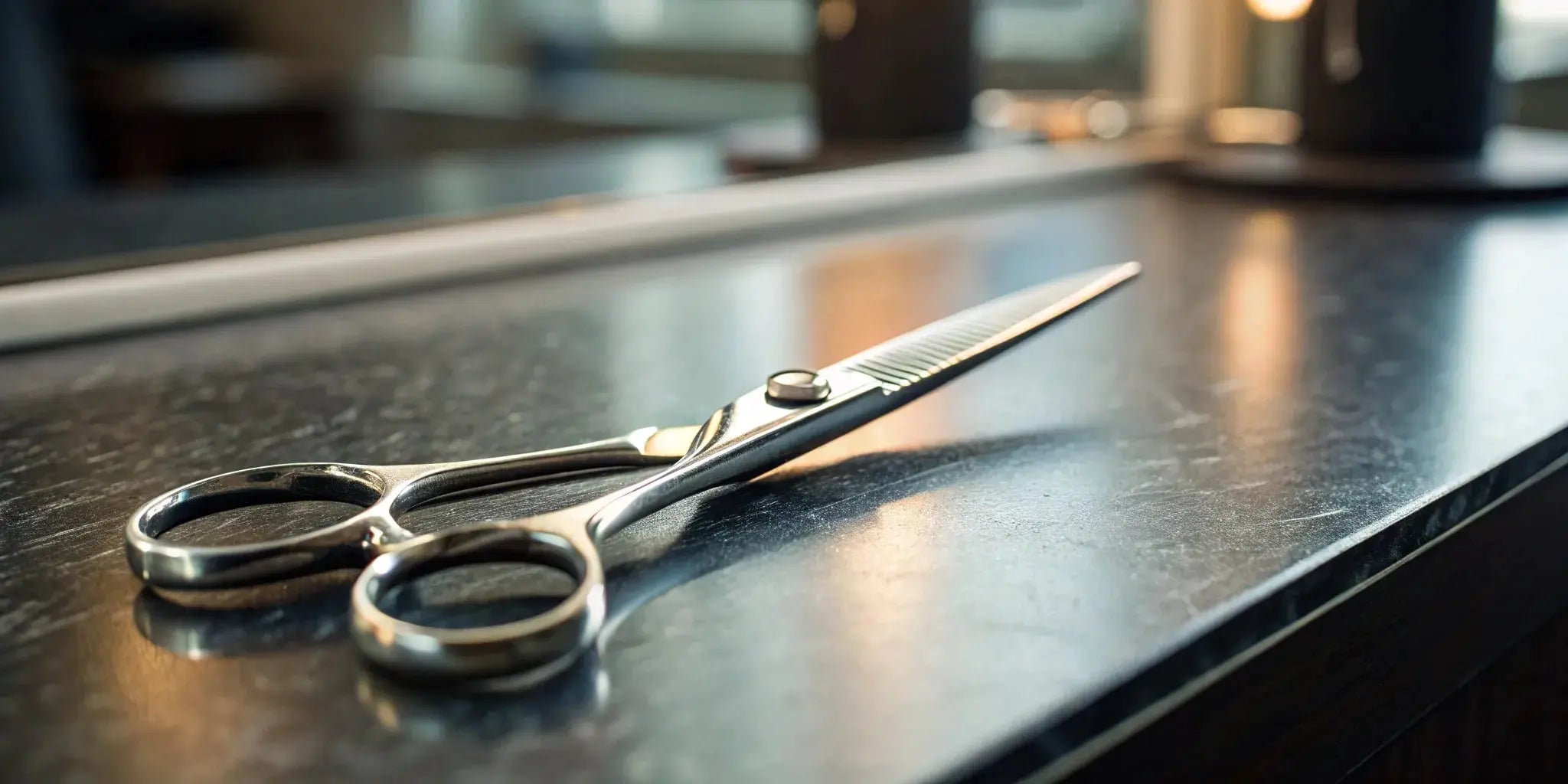 A pair of professional hair cutting shears with ergonomic handles.