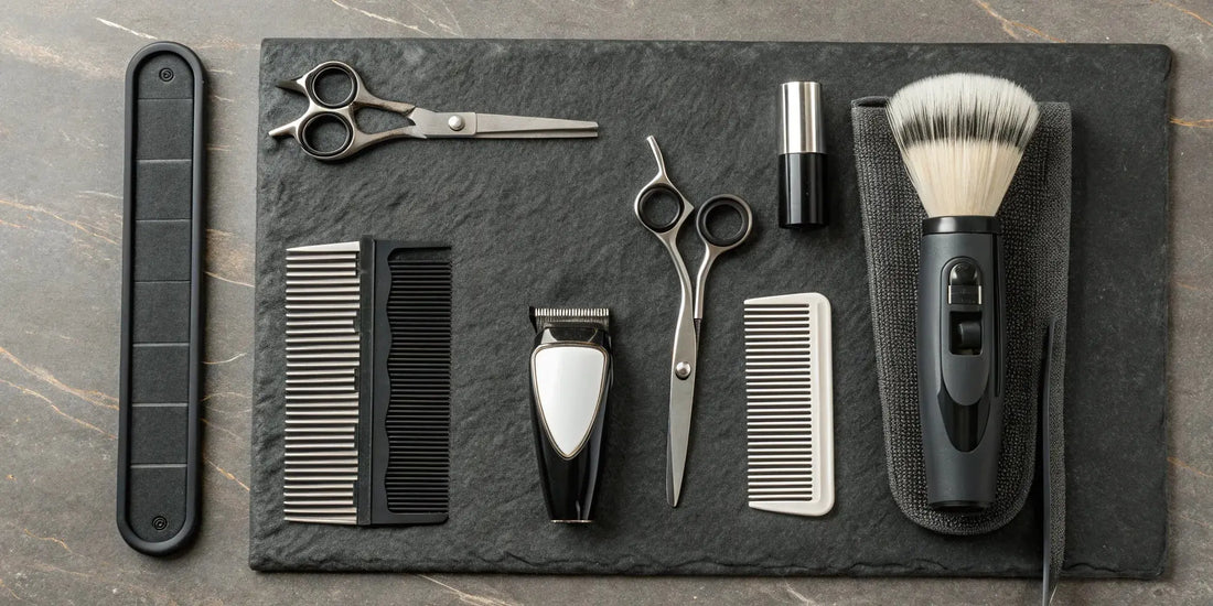 Essential professional barber tools including clippers, shears, combs, and a trimmer.