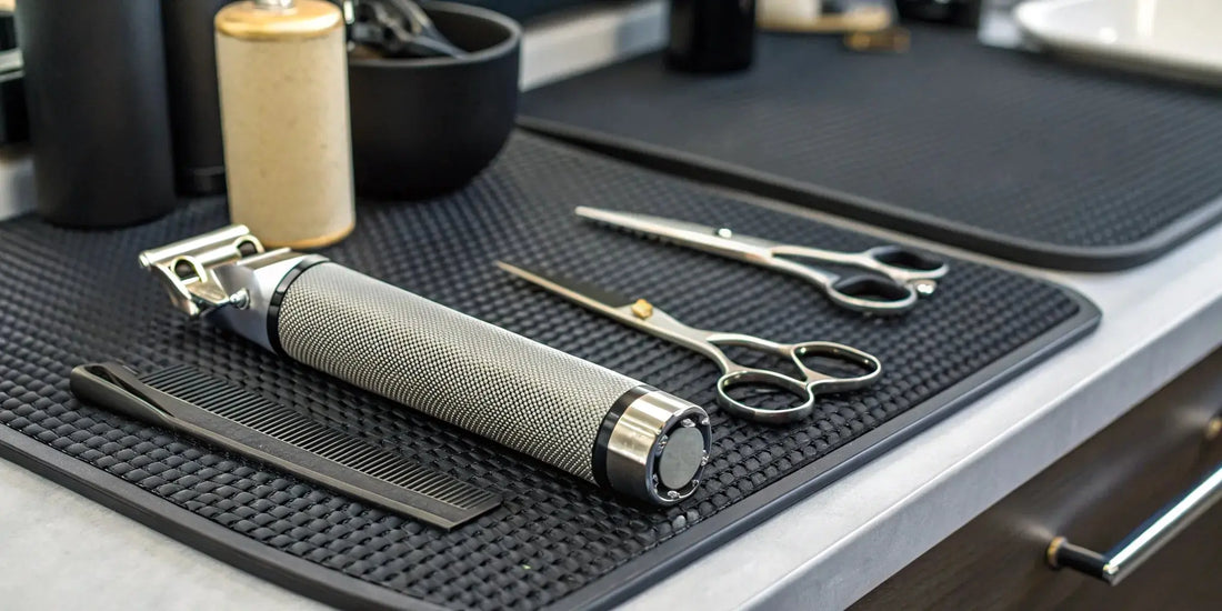 A professional T-outliner trimmer on a barber's station with essential tools.