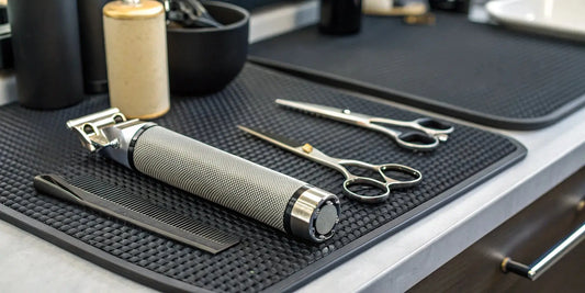 A professional T-outliner trimmer on a barber's station with essential tools.