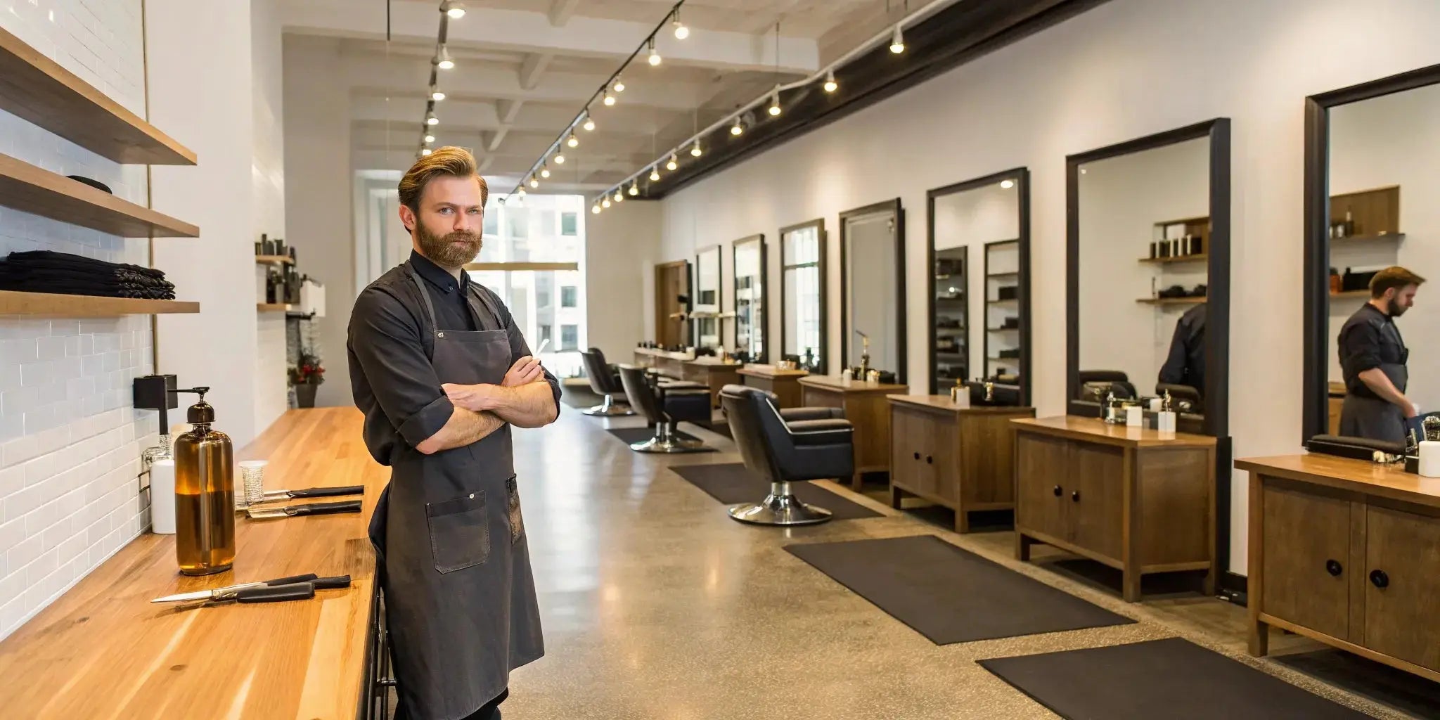 Barber shopping for professional tools and products in a modern hair store.