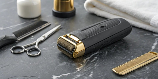 A professional Wahl shaver with gold details on a barber's work station.