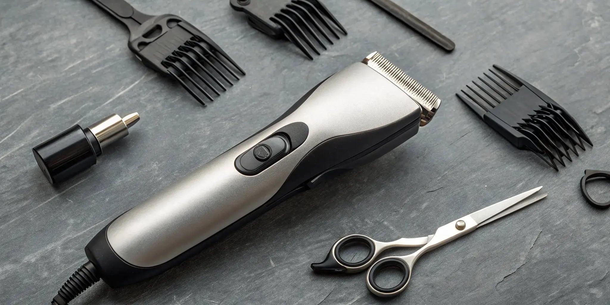A set of professional hair clippers with various guards and barber accessories.