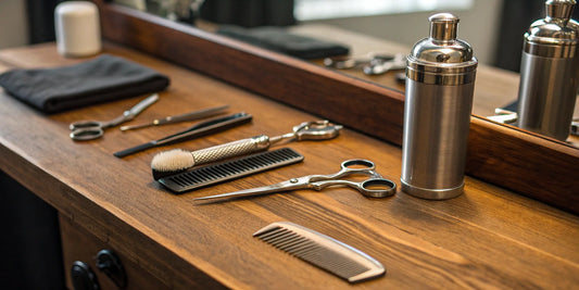 A professional barber kit with everything needed, including scissors, combs, a brush, and sanitizer.