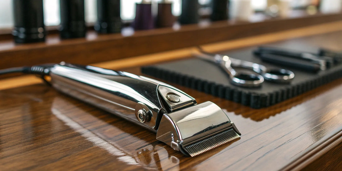 Andis detachable blade clippers on a barber station with scissors and combs.