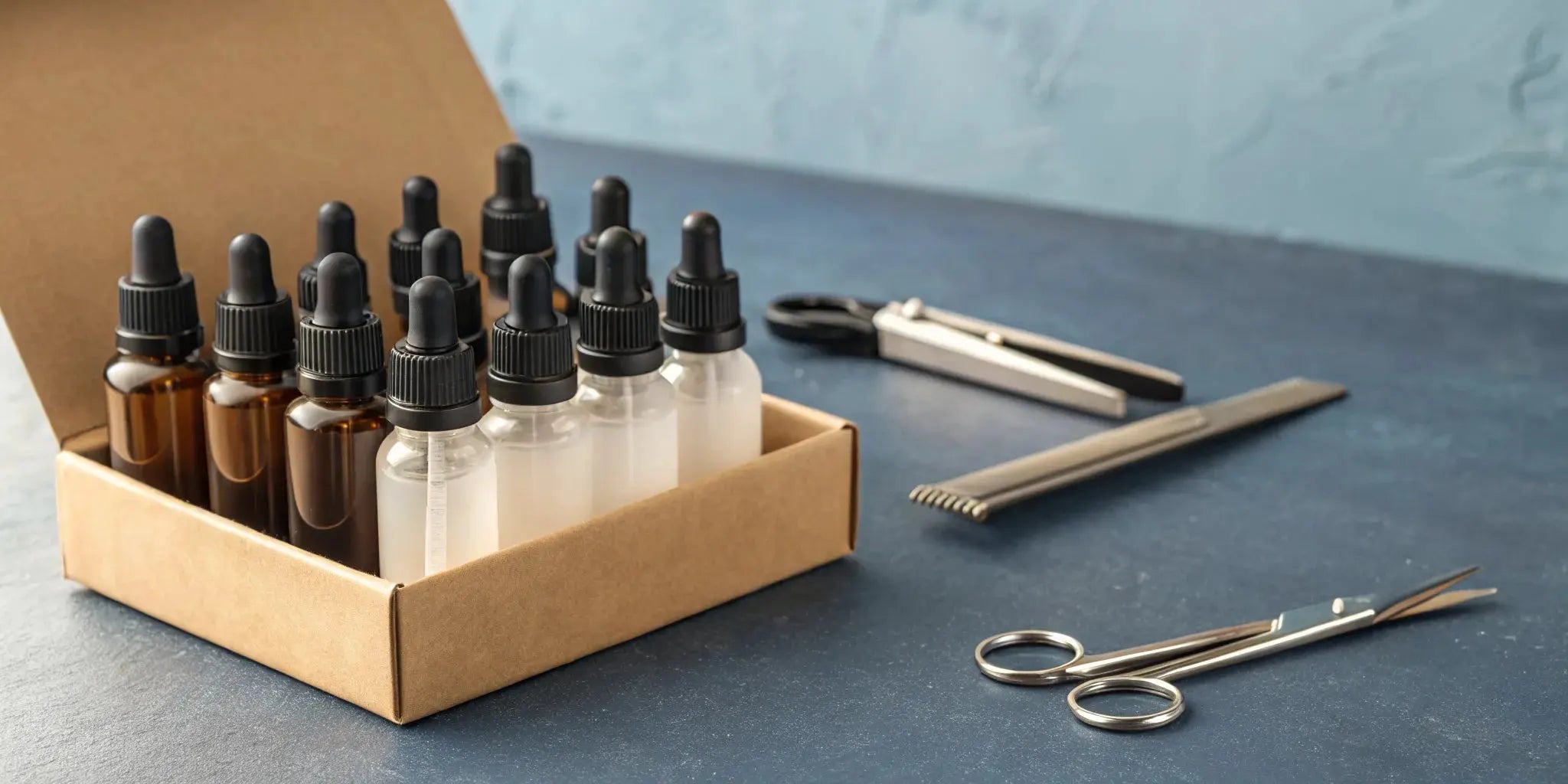 Wahl clipper oil bottles from a bulk purchase on a barber's workstation.