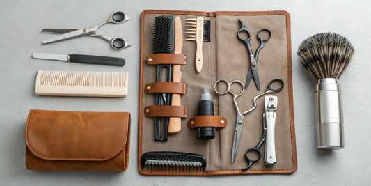 Essential barber school tool kit with shears, combs, brushes, and a razor.