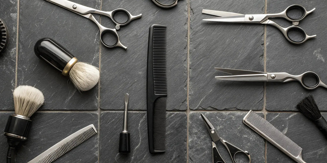 Professional barber supply tools including shears and combs arranged on a barber station.