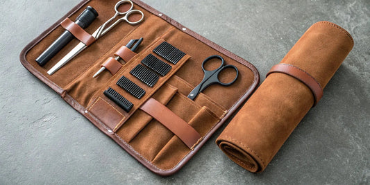 A compact barber travel kit with shears and combs in a roll-up case.
