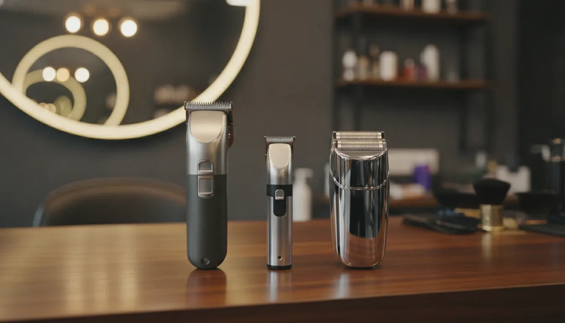 A premium professional cordless barber combo set on a wooden barber station featuring a high-performance hair clipper, precision trimmer, and shaver.