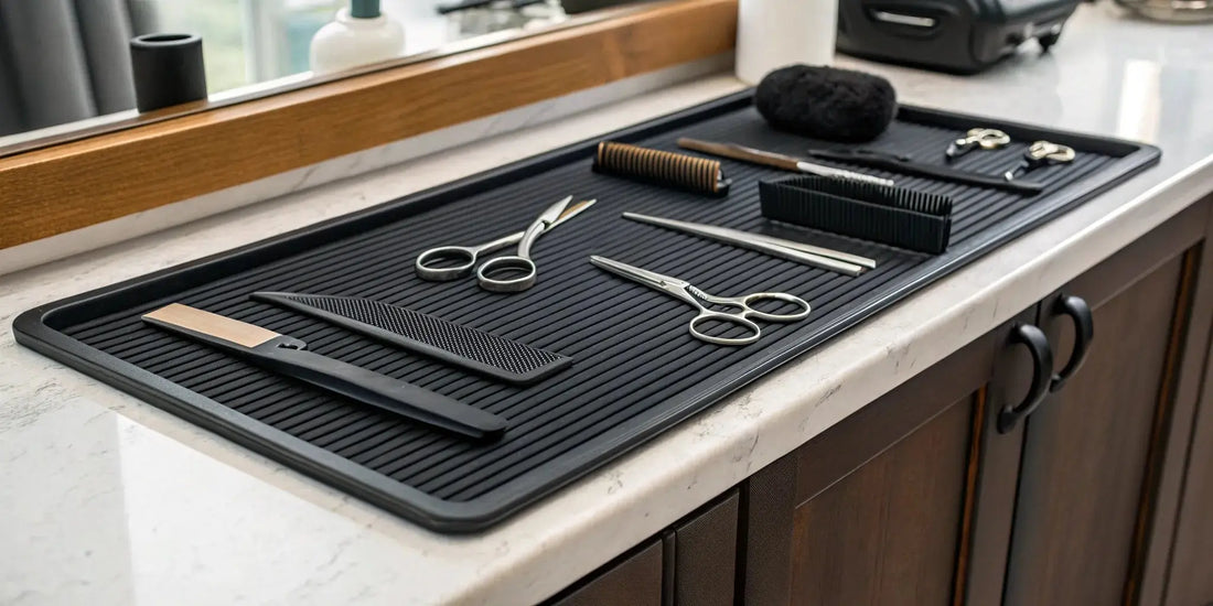 A professional barber station mat with clippers, combs, and scissors neatly organized.