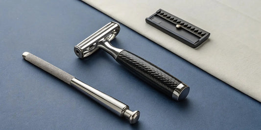 A safety razor and sharp shaving blade from a professional barber's guide.