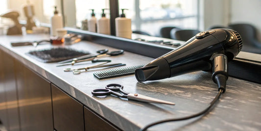 Professional barber hair dryer with a comb and scissors on a salon counter.