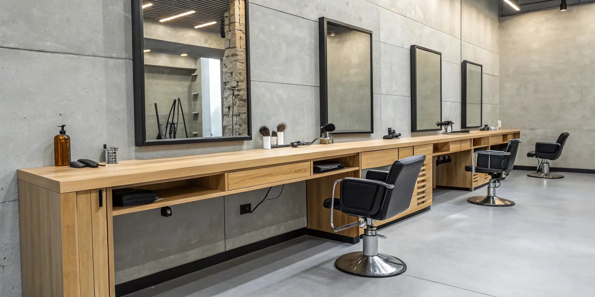 A modern barber station featuring a black organizer with tools on a wooden countertop.