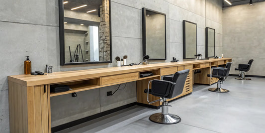 A modern barber station featuring a black organizer with tools on a wooden countertop.