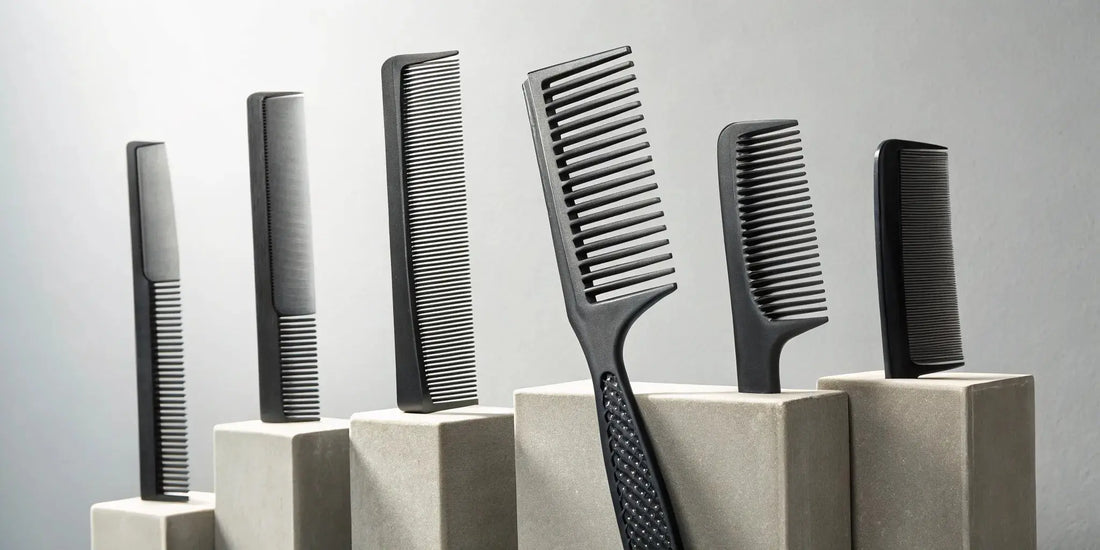 A professional carbon fiber comb set for barbers being reviewed.