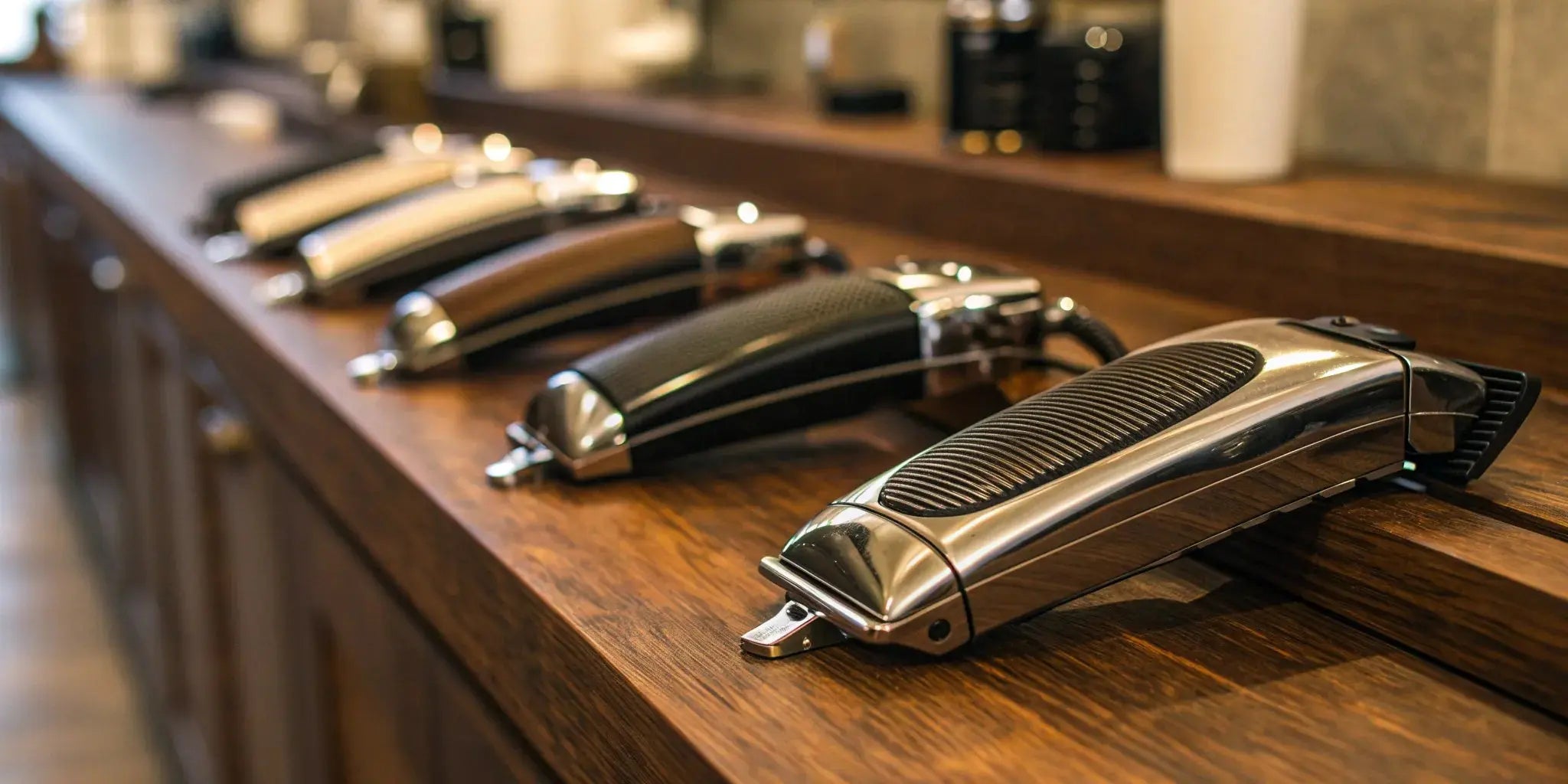 A professional hair clipper and trimmer set with accessories on a barber station.
